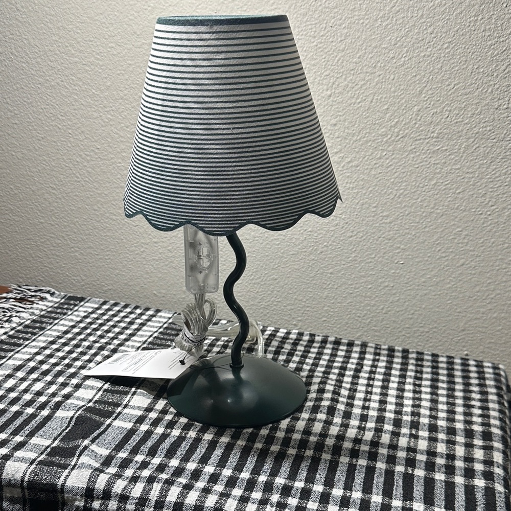 Green and white Striped Table Lamp with Curved Base NWT